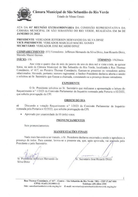 Ata da 01ª Reunião Extraordinária da Comissão Parlamentar de Inquérito