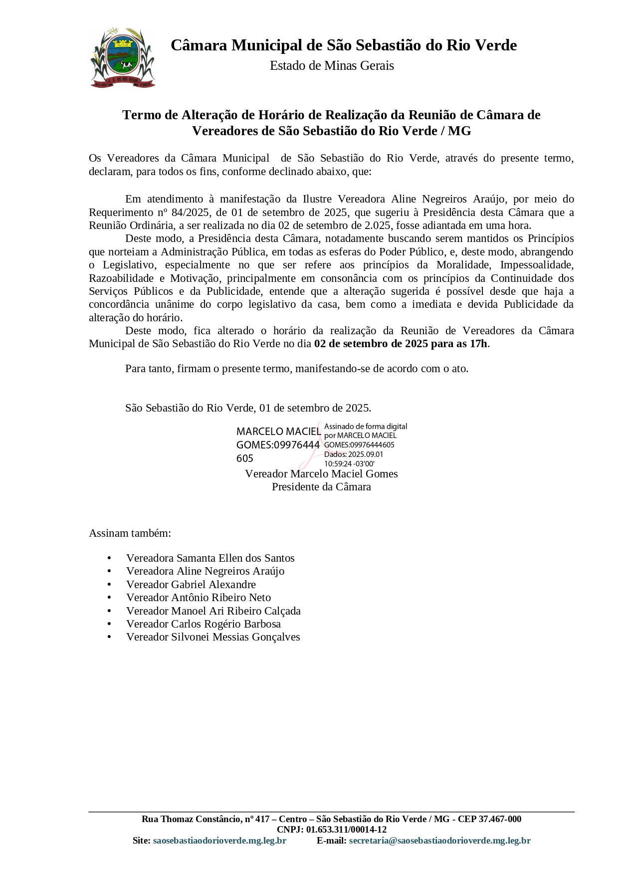 Termo de alteração de horário de reunião